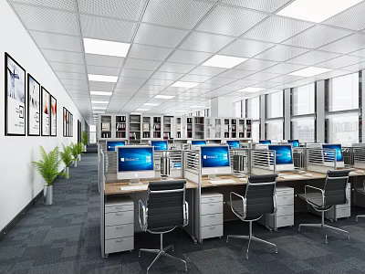 Spacious Public Office Space With Desks Computers Office Chairs Green Plants Wall Art And Natural Light 3d model