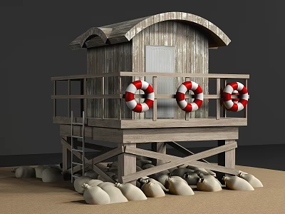 Wooden Lifeguard Hut With Stilt Platform Railings And Red White Lifebuoys Surrounded By Sandbags 3d model