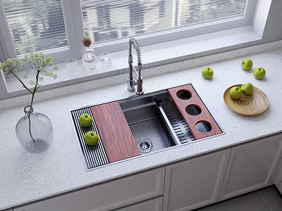 Stainless Steel Kitchen Sink With Wooden Cover Green Apples On Light Countertop Near White Cabinets 3d model
