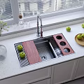 Stainless Steel Kitchen Sink With Wooden Cover Green Apples On Light Countertop Near White Cabinets