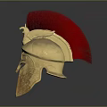 Ancient Warrior Helmet With Red Bird Plume And Golden Engraved Patterns