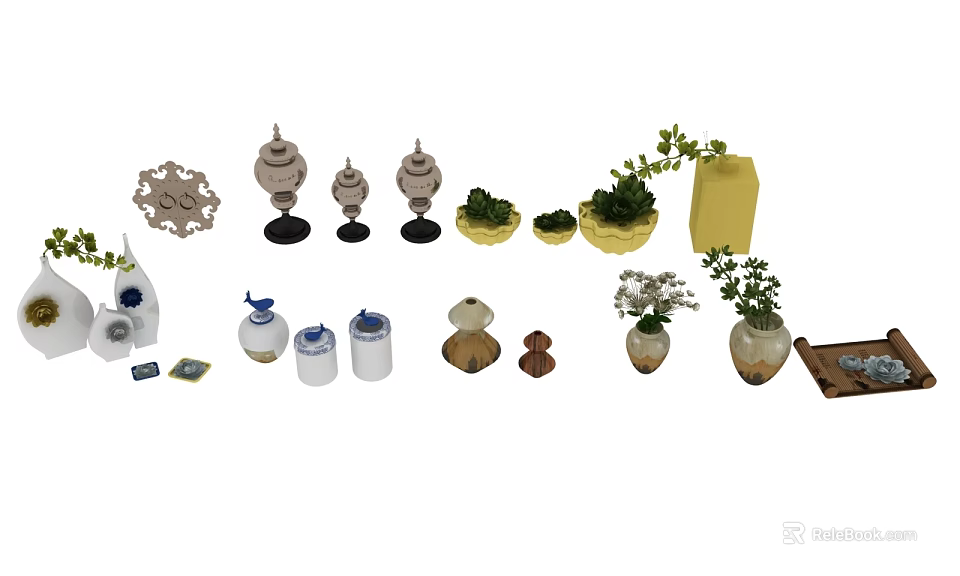 Elegant Decorative Ornament Set With Sculptures Vases Potted Plants And Plates For Home Decor 3d model 