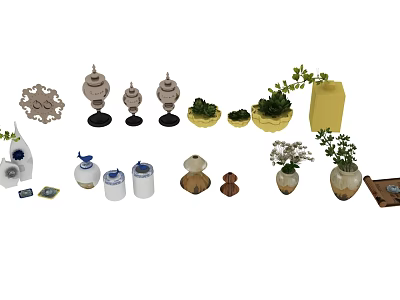 Elegant Decorative Ornament Set With Sculptures Vases Potted Plants And Plates For Home Decor 3d model