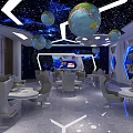 Space Theme Room Interior With Astronaut Figure Globe Decor And Starry Ceiling 3d model