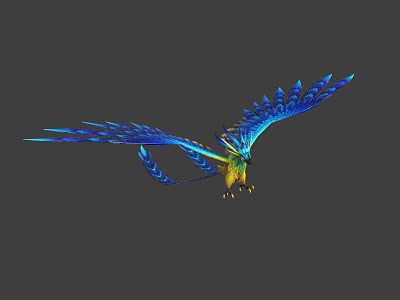 Flying Parrot with Vibrant Blue and Yellow Feathers Spreading Wings in Flight Against Gray Background 3d model