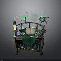 Laboratory Workbench Setup With Glass Tubes Beakers Flasks And Green Cloth