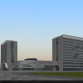 Modern Office Building Featuring Glass Curtain Wall Geometric Patterns Green Lawn And Front Parking