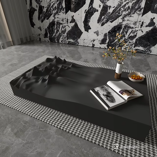 Black Mountain Texture Coffee Table On Black White Checkered Rug With Open Magazine Vase 3d model 