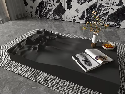 Black Mountain Texture Coffee Table On Black White Checkered Rug With Open Magazine Vase 3d model