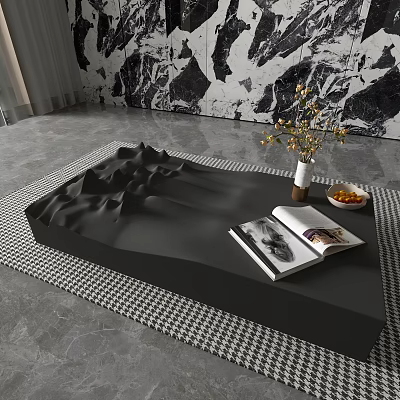 Black Mountain Texture Coffee Table On Black White Checkered Rug With Open Magazine Vase 3d model