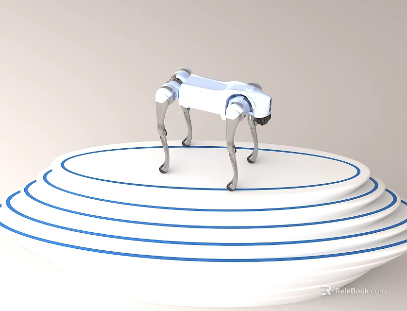 Silver Smart Four Legged Robot Standing On White Circular Platform With Blue Lines 3d model 