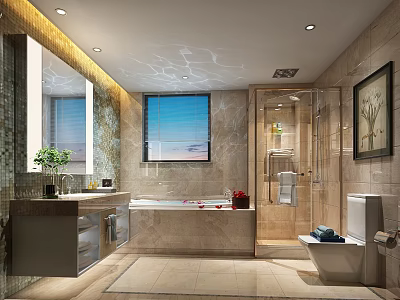 Luxury Modern Bathroom Interior Design With Marble Tiles Bathtub Glass Shower Enclosure And Complete Amenities 3d model