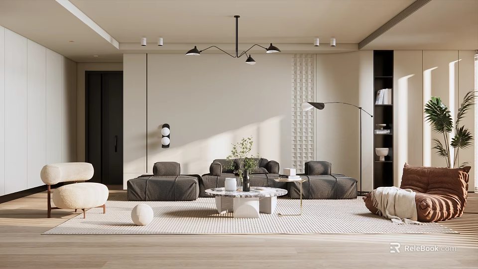 Modern Living Room Interior With Gray Sofas Coffee Tables Textured Wall And Floor Lamp 3d model 