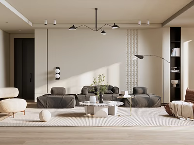 Modern Living Room Interior With Gray Sofas Coffee Tables Textured Wall And Floor Lamp 3d model