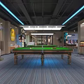 Modern Billiard Room Interior With Green Felt Table Blue Ceiling Lights Sofa and Bar Stools 3d model