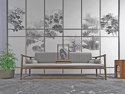 New Chinese-style Rohan Bed Sofa Screen Combination 3d model