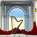 Photo Spot With White Columns Wrought Iron Arches Yellow Lanterns Harp And Red Bushes