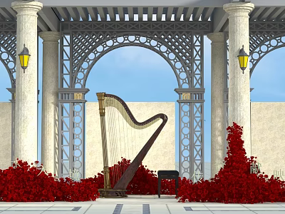 Photo Spot With White Columns Wrought Iron Arches Yellow Lanterns Harp And Red Bushes 3d model