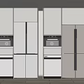 Modern Refrigerators And Freezers In Open Kitchen Interior With Cabinetry And Ovens