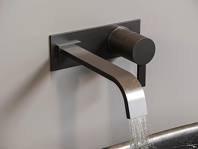 Modern Black Wall Mounted Faucet With Water Flowing Into Sink Design 3d model
