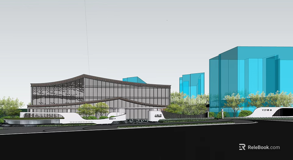 Modern Sales Office Building With Glass Curtain Wall And Surrounding Trees Vehicles 3d model 