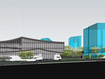 Modern Sales Office Building With Glass Curtain Wall And Surrounding Trees Vehicles 3d model