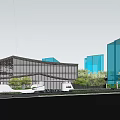 Modern Sales Office Building With Glass Curtain Wall And Surrounding Trees Vehicles