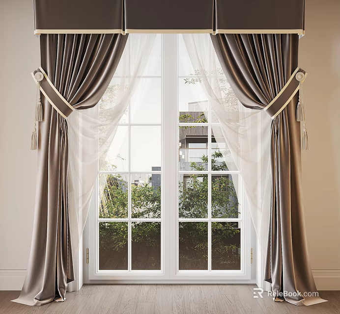 Elegant Curtains With Sheer Layers And Heavy Drapes For Window View With Greenery 3d model 