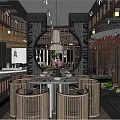 Traditional Hotpot Restaurant Interior With Wooden Railings Round Tables And Warm Lighting