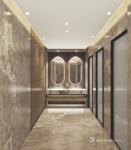 Modern Public Restroom Interior With Marble Walls Double Mirrors And Wooden Elements Vanity Counter 3d model 