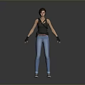 Woman in Black Tank Top and Blue Jeans Standing with Black Gloves Against Gray Background