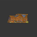 Cartoon Scene With Orange House Blue And White Striped Awning And Decorative Flags Barrels Plants