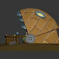 Cartoon Scene With Orange And Blue Dome Structure Welcome Sign Bottles Jars Shelves Wooden Railings
