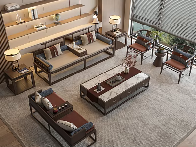 Chinese Style Sofa And Coffee Table Set In Living Room With Lamps Chairs And Rug 3d model