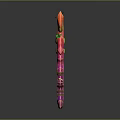 Vibrant Pink And Red Fantasy Weapon With Green Decorative Accents And Curved Structure