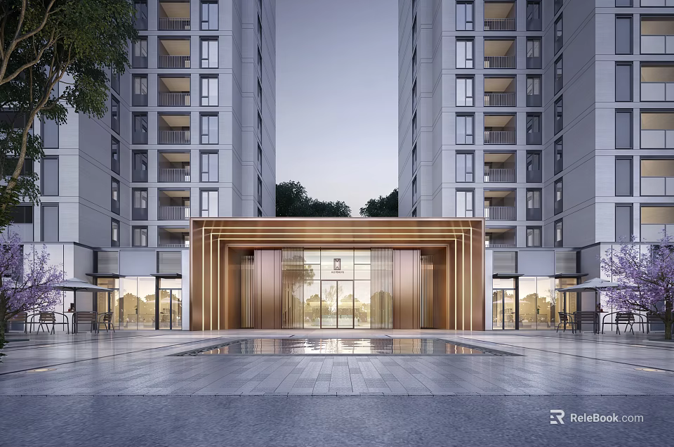 Elegant Entrance Facade Between High Rise Buildings With Golden Frame Glass Doors And Water Pool 3d model 