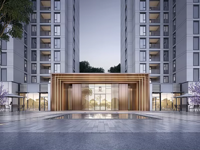 Elegant Entrance Facade Between High Rise Buildings With Golden Frame Glass Doors And Water Pool 3d model