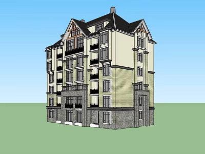 Modern Multi Story Residential Building with Gabled Roof Balconies Stone Base and Light Dark Exterior 3d model