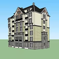 Modern Multi Story Residential Building with Gabled Roof Balconies Stone Base and Light Dark Exterior