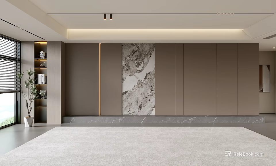 Modern Living Room Interior Design With Marble Artwork Built-in Cabinets Soft Lighting And Gray Tones 3d model 