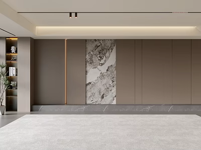 Modern Living Room Interior Design With Marble Artwork Built-in Cabinets Soft Lighting And Gray Tones 3d model