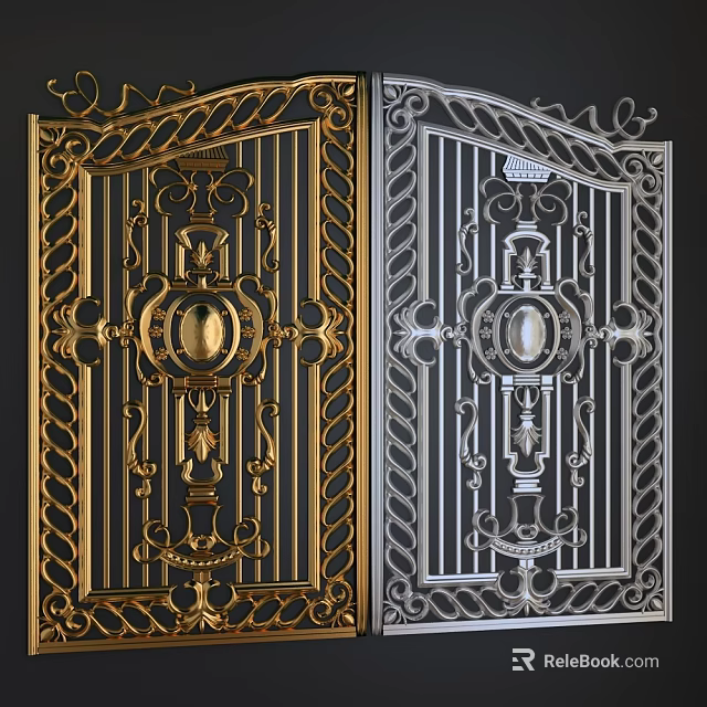 Ornate Gold And Silver Decorative Gates With Intricate Carvings And Classic Design 3d model 