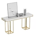 Modern Console Table Design With Gold Metal Legs White Top And Sculptures Vases