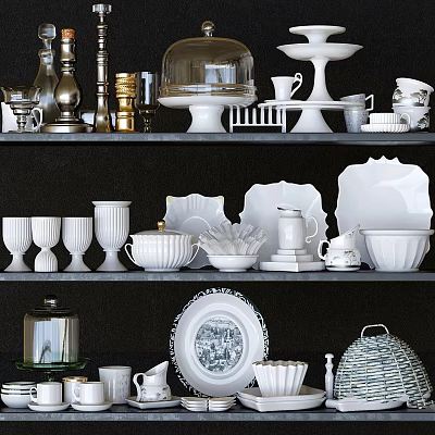 Elegant Tableware Collection With White Porcelain Plates Cups And Bowls On Shelves 3d model