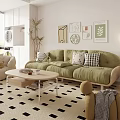 Modern Living Room Interior With Green Sofa Beige Armchair Geometric Rug And Decorative Paintings
