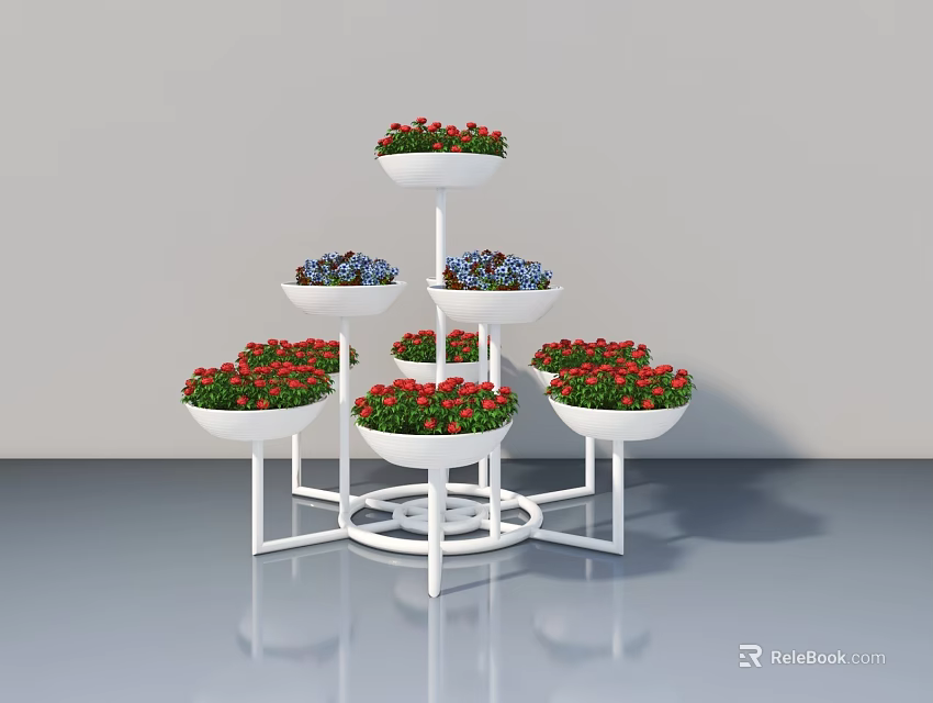 White Flush Door With Multi Tiered Flower Stand And Colorful Plants 3d model 