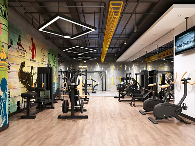 Modern Gym Interior With Fitness Equipment Colorful Graffiti Wall Wooden Floor Yellow Ladder And TV 3d model