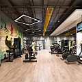 Modern Gym Interior With Fitness Equipment Colorful Graffiti Wall Wooden Floor Yellow Ladder And TV