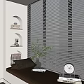 Modern Minimalist Built in Decorative Cabinet with Window Side Bench Green Plant Books and Clock