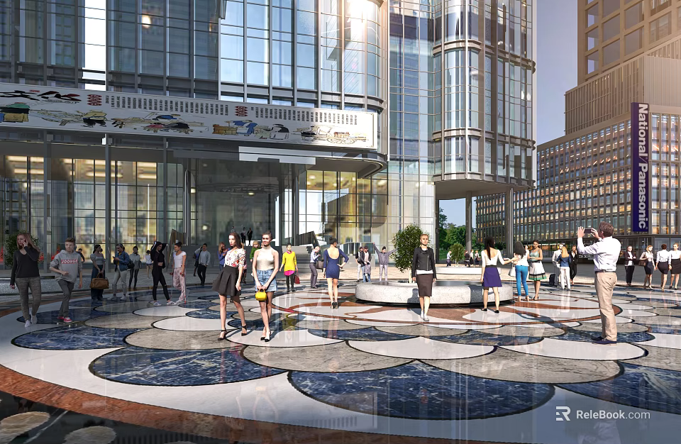 Bustling Modern Commercial Street With Glass Facade Buildings Pedestrians Green Plants And Circular Design 3d model 